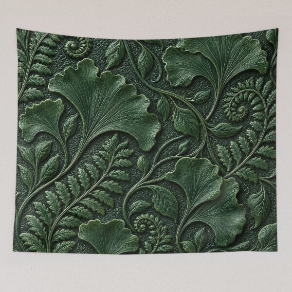 Item preview, Emerald Green Botanical Embossed Pattern – Ginkgo Leaves and Ferns in Vintage Relief designed and sold by Kaleidoscope Print.