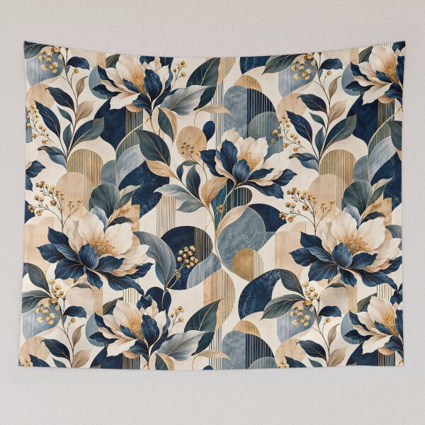 Item preview, Navy Blue And Gold Botanical Pattern – Elegant Art Deco Floral Magnolia Seamless Art, Modern Mid Century Luxury Aesthetic Geometric Marble Home Decor Print for Living Room, Bedroom & Office designed and sold by Vivaan Studio.