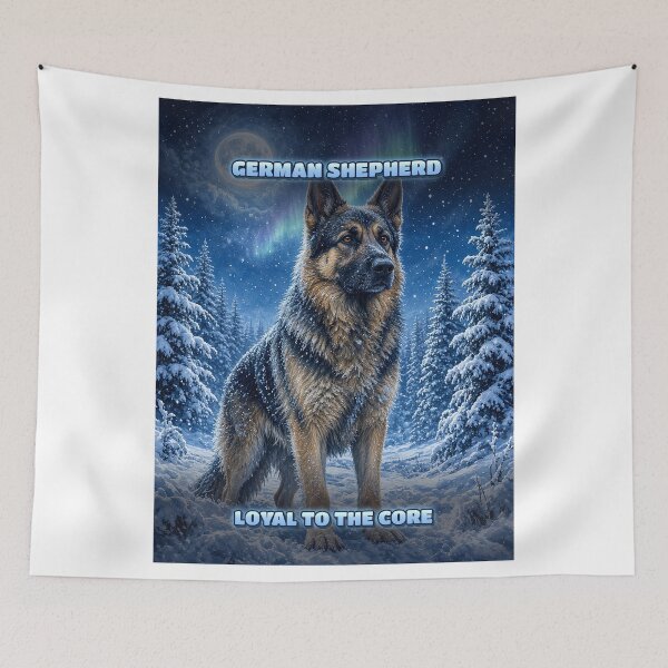 Item preview, German Shepherd Winter Shirt Loyal to the Core Snowy Aurora Forest All Over Print designed and sold by Ember Lane Designs.