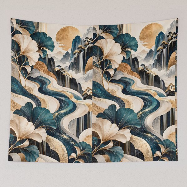 Item preview, Japanese Ginkgo Landscape Art Deco Wall Art – Mountain Waterfall Full Moon Gold Foil Illustration, Asian Zen Nature Ukiyo-e Aesthetic, Wabi Sabi Japandi Blue Navy Decor for Living Room & Office designed and sold by Vivaan Studio.
