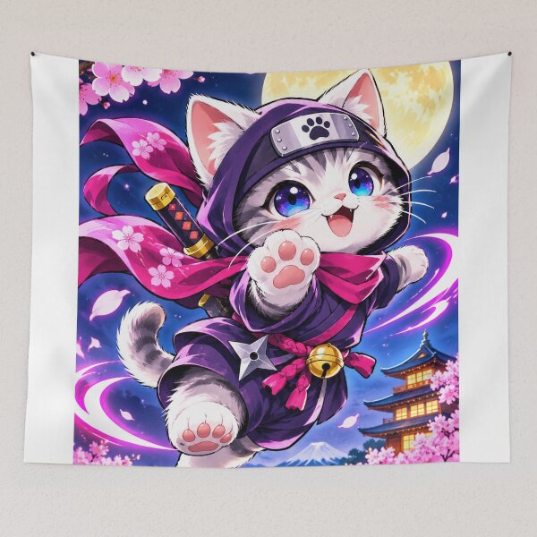 Item preview, Ninja Kitten – Cute Kawaii Cat Under Sakura Moonlight designed and sold by Silken moonlight .