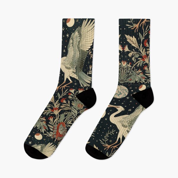 Item preview, herons and flowers  illustration in the starry night, black background vintage designed and sold by LeAllureVintage.