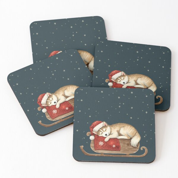 Item preview, Sleeping Husky Christmas Watercolor – Cute Dog in Santa Hat, Cozy Vintage Winter Illustration, Navy Blue Christmas Wall Art designed and sold by mayatA-rt.