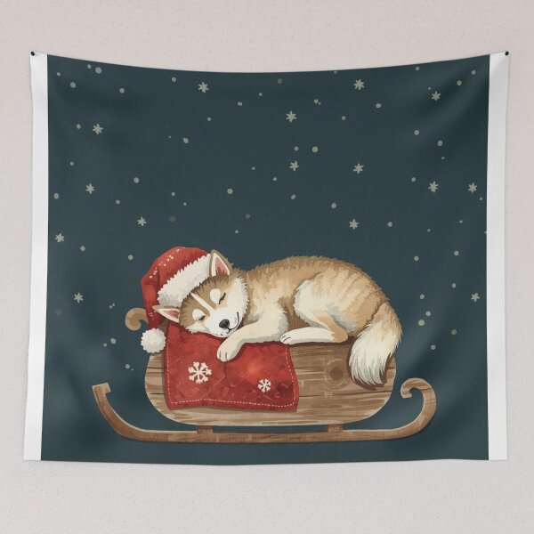Item preview, Sleeping Husky Christmas Watercolor – Cute Dog in Santa Hat, Cozy Vintage Winter Illustration, Navy Blue Christmas Wall Art designed and sold by mayatA-rt.