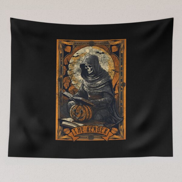 Item preview, Grim Reaper Reading Tarot Card Pumpkin Halloween Art designed and sold by SoyLamderma.