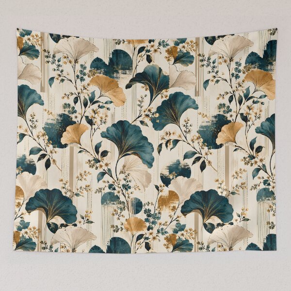 Item preview, Teal And Gold Ginkgo Leaf Pattern – Elegant Japanese Botanical Floral Seamless Art, Mid Century Modern Art Deco Nature Aesthetic, Luxury Japandi Home Decor Print for Living Room & Bedroom designed and sold by Vivaan Studio.