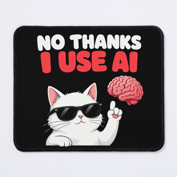 Item preview, No Thanks I Use AI" Funny White Cat with Brain and Sunglasses designed and sold by Designshopx.