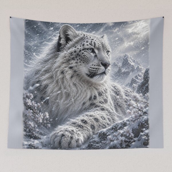 Item preview, Snow Leopard in Snowy Mountains – Winter Wildlife Fantasy Art designed and sold by ManJiangHong.