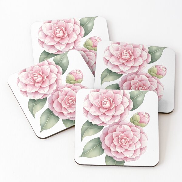 Item preview, Two Pink Camellias with Bud and Green Leaves designed and sold by VelloomStore.