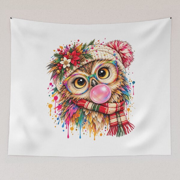 Item preview, Colorful Christmas Owl Blowing Bubblegum – Glasses, Winter Hat & Plaid Scarf designed and sold by DesignArtist.ia.