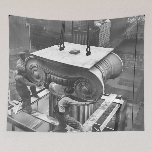 Item preview, Workers installing a Greek Revival architectural column on the Civil Courts building in St. Louis, Missouri, 1928 vintage black and white photograph designed and sold by Astrid Arkhangelsky.