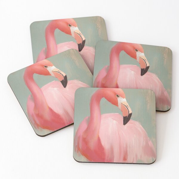 Item preview, Minimalist pink flamingo oil painting in soft blue and pink pastel colors designed and sold by LeAllureVintage.