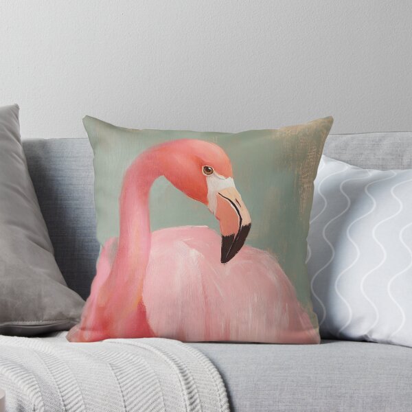 Item preview, Minimalist pink flamingo oil painting in soft blue and pink pastel colors designed and sold by LeAllureVintage.