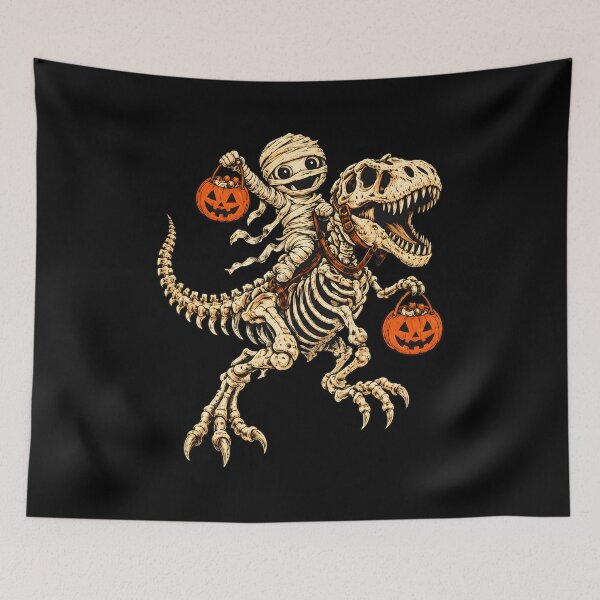 Item preview, Mummy Child Riding T-Rex Skeleton Halloween Art designed and sold by SoyLamderma.