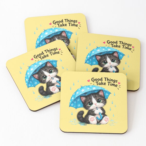 Item preview, Good Things Take Time Kawaii Tuxedo Kitten with Blue Umbrella designed and sold by MushArtist.