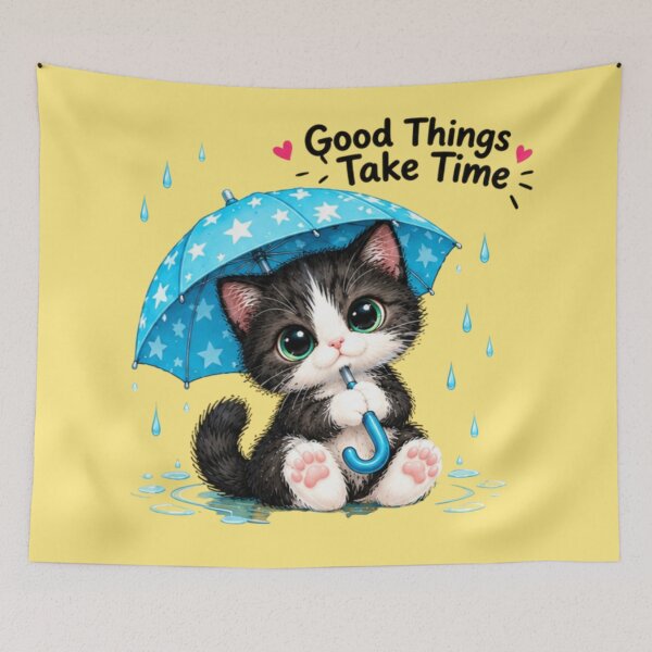 Item preview, Good Things Take Time Kawaii Tuxedo Kitten with Blue Umbrella designed and sold by MushArtist.