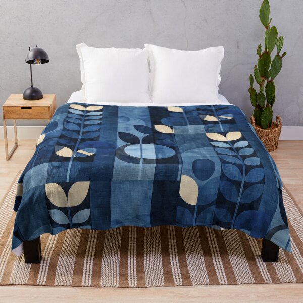 Item preview, 70s minimalist blue retro pattern leaves designed and sold by LeAllureVintage.