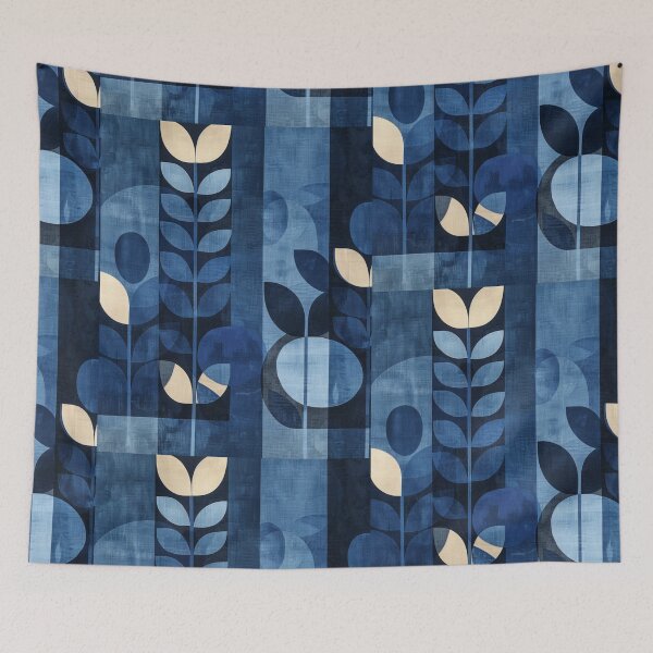 Item preview, 70s minimalist blue retro pattern leaves designed and sold by LeAllureVintage.
