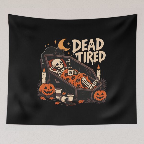 Item preview, Dead Tired Skeleton Coffin Halloween Coffee Nap Cat Art designed and sold by SoyLamderma.