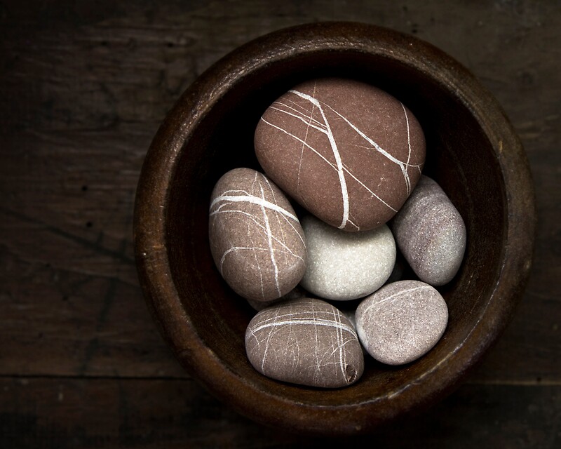 "Pebbles in a Wooden Bowl" by Sue Hammond Redbubble