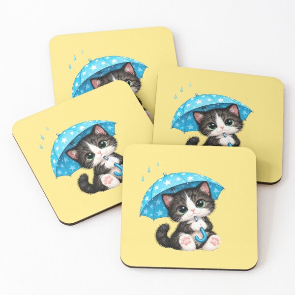 Item preview, Good Things Take Time Kawaii Tuxedo Kitten with Blue Umbrella designed and sold by MushArtist.
