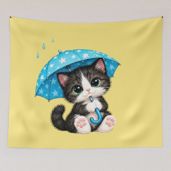 Item preview, Good Things Take Time Kawaii Tuxedo Kitten with Blue Umbrella designed and sold by MushArtist.