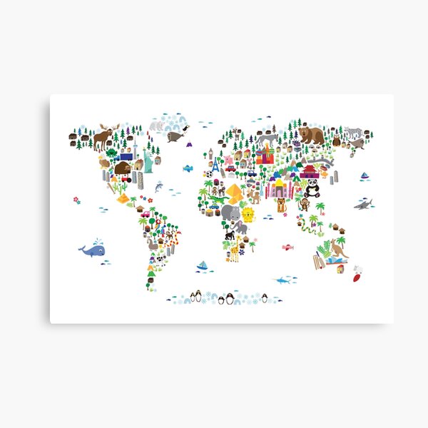 Animal Map of the World for children and kids Canvas Print