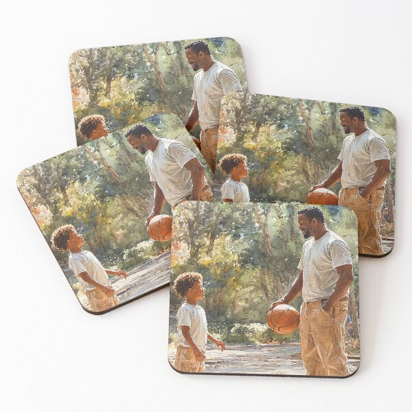Item preview, First Lessons - A Black Father And Son Having A Moment During Basketball - Black Art - Watercolor Art designed and sold by CastleBySea.