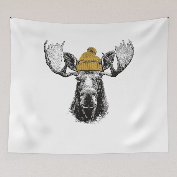 Item preview, Funny Moose Wearing a Mustard Yellow Pom Beanie designed and sold by Nekoojimeo.