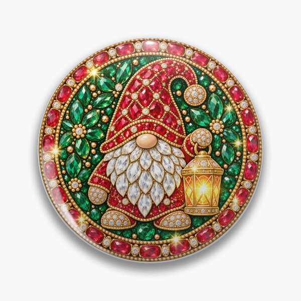 Item preview, Christmas Gnome with Lantern – Red, Green & Gold Jeweled Holiday Medallion designed and sold by DesignArtist.ia.