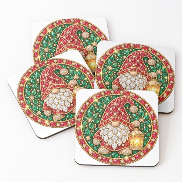Item preview, Christmas Gnome with Lantern – Red, Green & Gold Jeweled Holiday Medallion designed and sold by DesignArtist.ia.