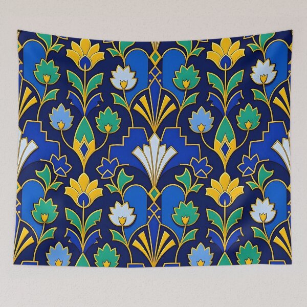 Item preview, Art Deco Blue and Gold Glitter Lotus Flower Pattern designed and sold by Sybille-Yates.