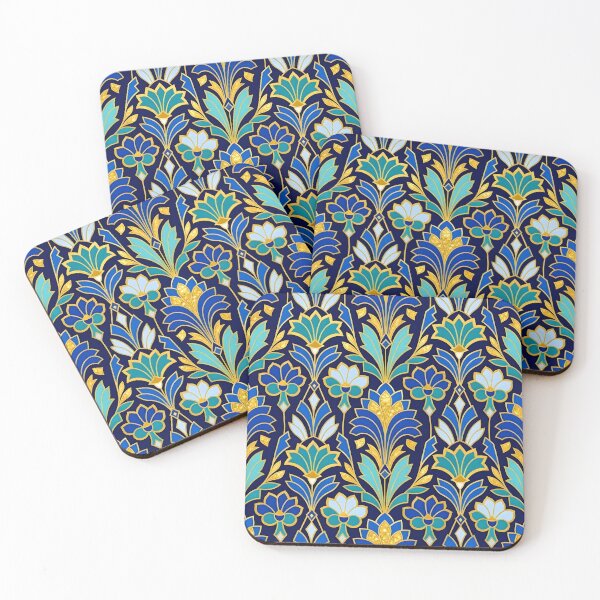 Item preview, Art Deco Blue and Gold Glitter Lotus Flower Pattern designed and sold by Sybille-Yates.
