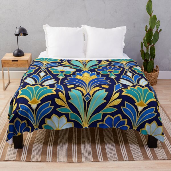 Item preview, Art Deco Blue and Gold Glitter Lotus Flower Pattern designed and sold by Sybille-Yates.