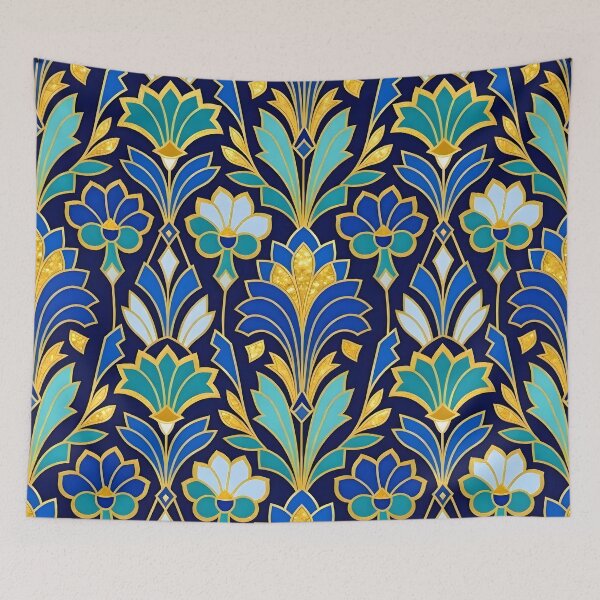 Item preview, Art Deco Blue and Gold Glitter Lotus Flower Pattern designed and sold by Sybille-Yates.