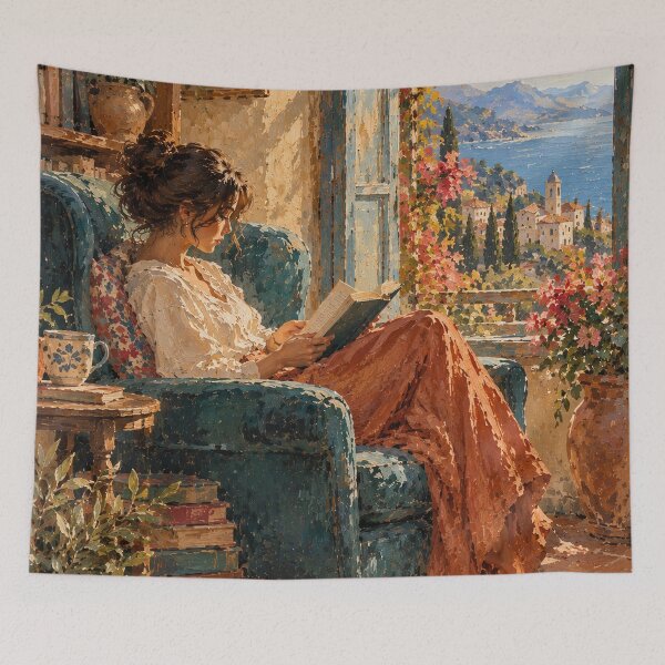 Item preview, Woman Reading by Window Mediterranean Coastal Art designed and sold by AppareIIndustry.