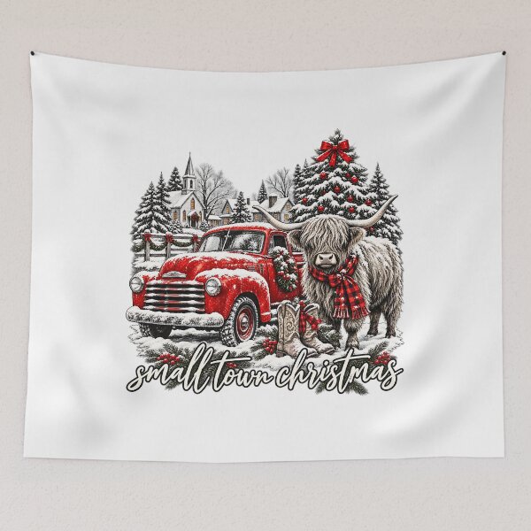 Item preview, Small Town Christmas – Highland Cow & Vintage Red Truck in Snowy Country Village designed and sold by DesignArtist.ia.