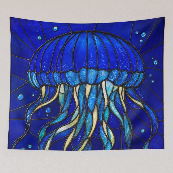 Item preview, Stained Glass Jellyfish in Deep Blue Ocean Bubbles designed and sold by FrostyForge.