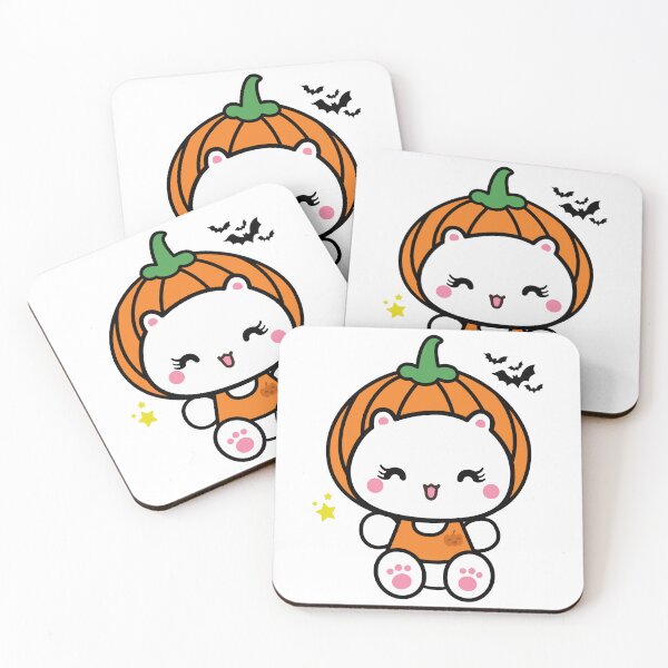 Item preview, Super Cute Kawaii Cat for Halloween with a pumpkin shaped hat with stars and bats designed and sold by prettytoon.