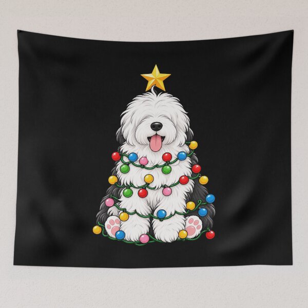 Item preview, Cute Old English Sheepdog Christmas tree design with lights and star designed and sold by rafaeltto.