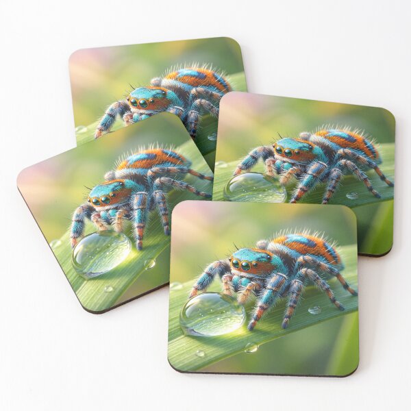 Item preview, charming jumping spider drinking from a water droplet designed and sold by TTERRA.