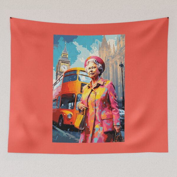 Item preview, Royal Reverie- Queen Elizabeth II in Pop Art Splendor Against London's Iconic Big Ben and Red Bus designed and sold by OlfactoART Studio.
