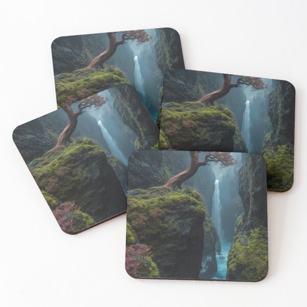 Item preview, Red Tree On Mossy Cliff Over Waterfall Gorge designed and sold by monkeybusiness.pt.