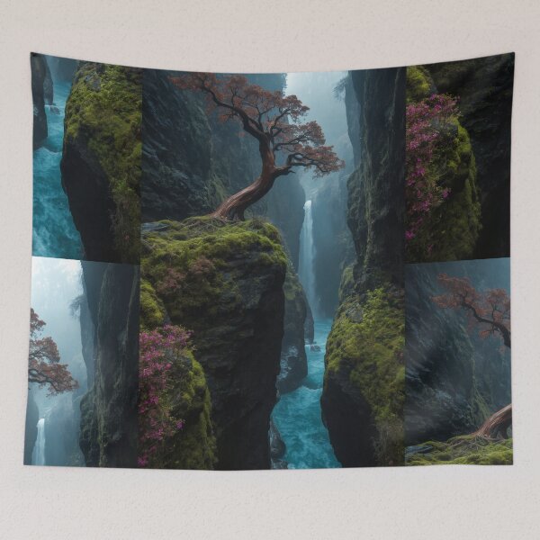 Item preview, Red Tree On Mossy Cliff Over Waterfall Gorge designed and sold by monkeybusiness.pt.