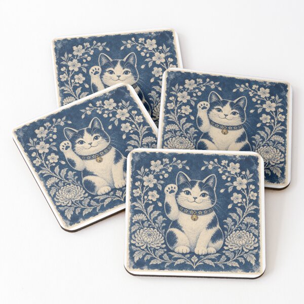 Item preview, Cyanotype-Style Maneki Neko with Cherry Blossoms and Chrysanthemums designed and sold by japan-picto.