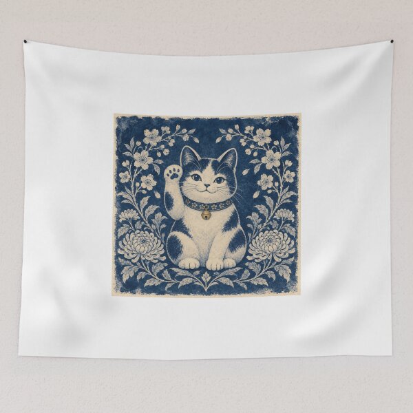 Item preview, Cyanotype-Style Maneki Neko with Cherry Blossoms and Chrysanthemums designed and sold by japan-picto.