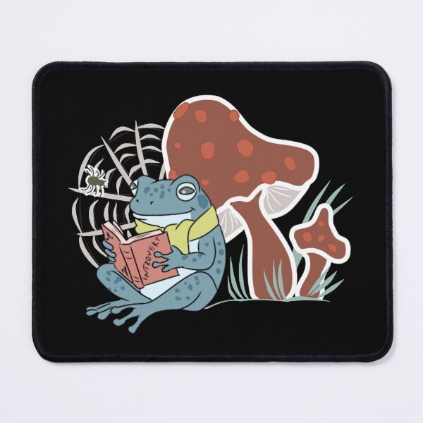 Item preview, Frog reading book and spider web under mushroom cottagecore illustration designed and sold by LeshanArt.