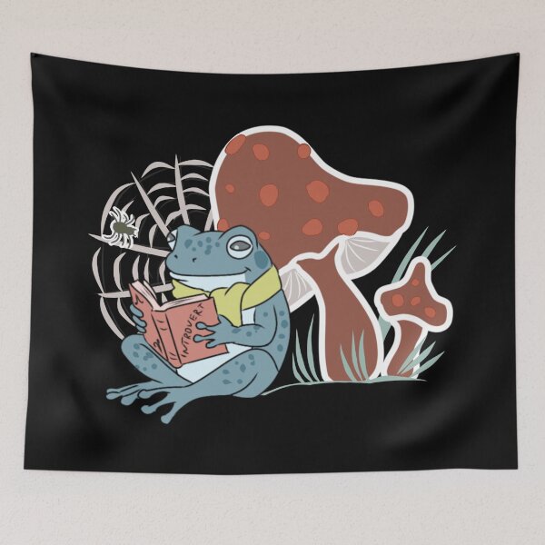 Item preview, Frog reading book and spider web under mushroom cottagecore illustration designed and sold by LeshanArt.