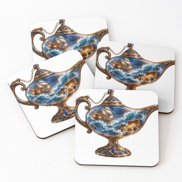 Item preview, Enchanted Stormy Sea Genie Lamp – Ship, Waves & Hidden Treasure designed and sold by GoldenSparkleShop.