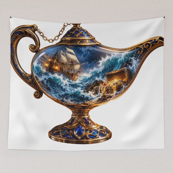 Item preview, Enchanted Stormy Sea Genie Lamp – Ship, Waves & Hidden Treasure designed and sold by GoldenSparkleShop.